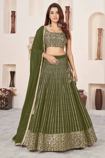 OLIVE SEQUINS ZARI EMBROIDERED GEORGETTE SEMI STITCHED LEHENGA