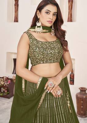 OLIVE SEQUINS ZARI EMBROIDERED GEORGETTE SEMI STITCHED LEHENGA 2