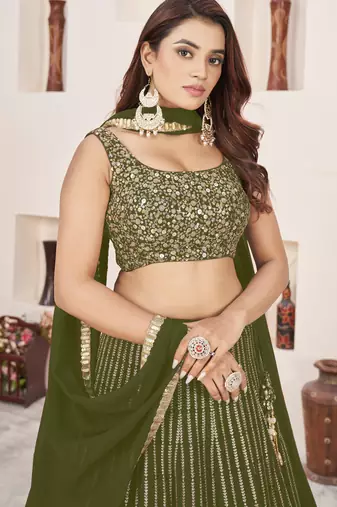 OLIVE SEQUINS ZARI EMBROIDERED GEORGETTE SEMI STITCHED LEHENGA