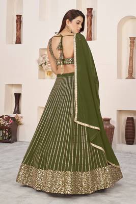 OLIVE SEQUINS ZARI EMBROIDERED GEORGETTE SEMI STITCHED LEHENGA 3