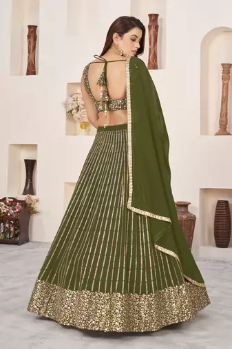 OLIVE SEQUINS ZARI EMBROIDERED GEORGETTE SEMI STITCHED LEHENGA