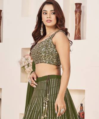 OLIVE SEQUINS ZARI EMBROIDERED GEORGETTE SEMI STITCHED LEHENGA 4