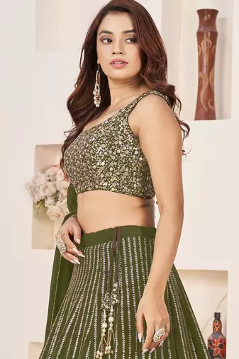 OLIVE SEQUINS ZARI EMBROIDERED GEORGETTE SEMI STITCHED LEHENGA