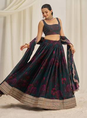 TEAL BLUE ZARI SEQUINS EMBROIDEREY FLORAL PRINTED ORGANZA LEHENGA CHOLI 1