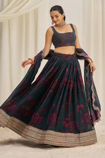 TEAL BLUE ZARI SEQUINS EMBROIDEREY FLORAL PRINTED ORGANZA LEHENGA CHOLI