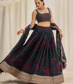 TEAL BLUE ZARI SEQUINS EMBROIDEREY FLORAL PRINTED ORGANZA LEHENGA CHOLI