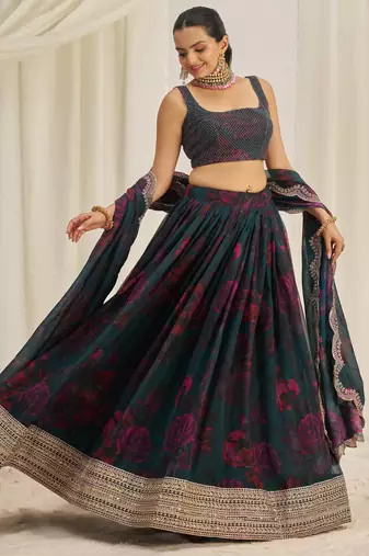 TEAL BLUE ZARI SEQUINS EMBROIDEREY FLORAL PRINTED ORGANZA LEHENGA CHOLI