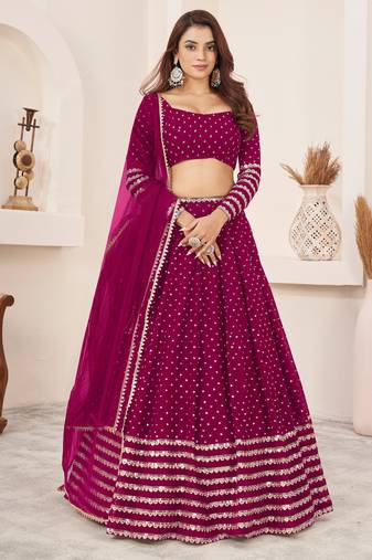 GLAMOROUS PINK SEQUINS & ZARI EMBROIDERED GEORGETTE DESIGNER BRIDAL WEDDING & PARTY WEAR FESTIVAL SEMI STITCHED LEHENGA
