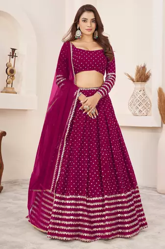 PINK SEQUINS ZARI EMBROIDERED GEORGETTE SEMI STITCHED LEHENGA
