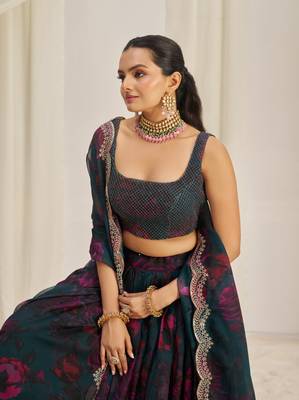TEAL BLUE ZARI SEQUINS EMBROIDEREY FLORAL PRINTED ORGANZA LEHENGA CHOLI 3