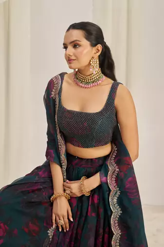 TEAL BLUE ZARI SEQUINS EMBROIDEREY FLORAL PRINTED ORGANZA LEHENGA CHOLI