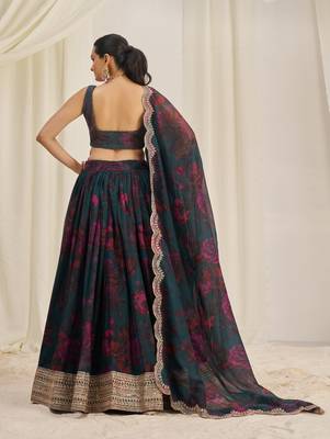 TEAL BLUE ZARI SEQUINS EMBROIDEREY FLORAL PRINTED ORGANZA LEHENGA CHOLI 4