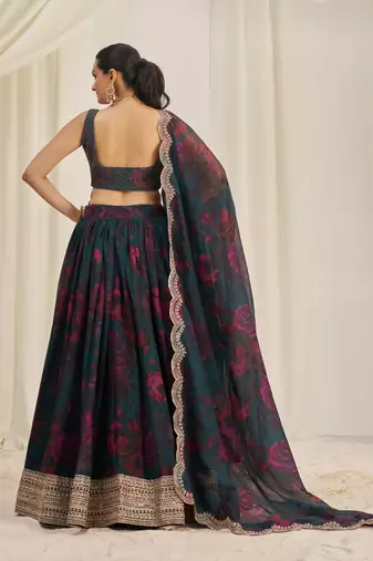TEAL BLUE ZARI SEQUINS EMBROIDEREY FLORAL PRINTED ORGANZA LEHENGA CHOLI
