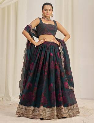 TEAL BLUE ZARI SEQUINS EMBROIDEREY FLORAL PRINTED ORGANZA LEHENGA CHOLI 5