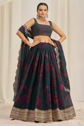 TEAL BLUE ZARI SEQUINS EMBROIDEREY FLORAL PRINTED ORGANZA LEHENGA CHOLI