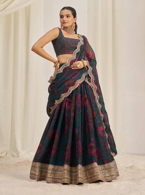 TEAL BLUE ZARI SEQUINS EMBROIDEREY FLORAL PRINTED ORGANZA LEHENGA CHOLI 6
