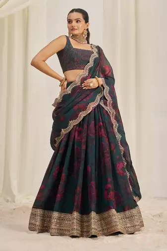 TEAL BLUE ZARI SEQUINS EMBROIDEREY FLORAL PRINTED ORGANZA LEHENGA CHOLI