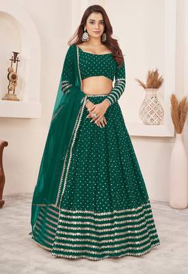 TEAL SEQUINS ZARI EMBROIDERED GEORGETTE SEMI STITCHED LEHENGA 1