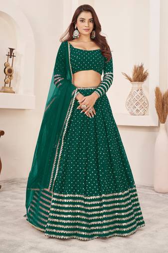 TEAL SEQUINS ZARI EMBROIDERED GEORGETTE SEMI STITCHED LEHENGA