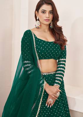TEAL SEQUINS ZARI EMBROIDERED GEORGETTE SEMI STITCHED LEHENGA 2