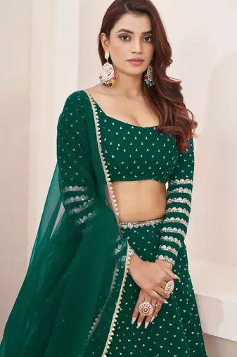 TEAL SEQUINS ZARI EMBROIDERED GEORGETTE SEMI STITCHED LEHENGA