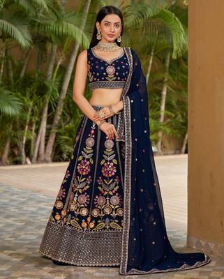NAVY BLUE SEQUINS THREAD ZARI EMBROIDERED GEORGETTE SEMI STITCHED LEHENGA 1