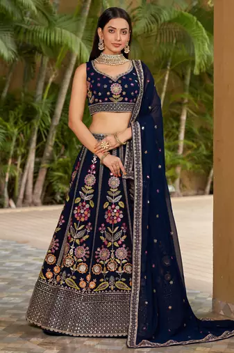 NAVY BLUE SEQUINS THREAD & ZARI EMBROIDERED GEORGETTE DESIGNER BRIDAL WEDDING PARTY WEAR FESTIVAL SEMI STITCHED LEHENGA