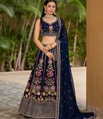 NAVY BLUE SEQUINS THREAD ZARI EMBROIDERED GEORGETTE SEMI STITCHED LEHENGA