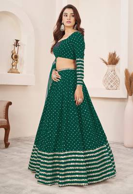 TEAL SEQUINS ZARI EMBROIDERED GEORGETTE SEMI STITCHED LEHENGA 4