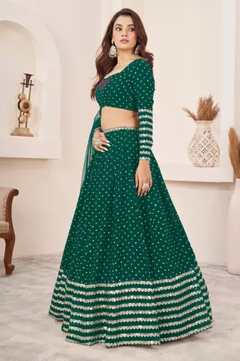 TEAL SEQUINS ZARI EMBROIDERED GEORGETTE SEMI STITCHED LEHENGA