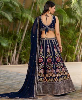 NAVY BLUE SEQUINS THREAD ZARI EMBROIDERED GEORGETTE SEMI STITCHED LEHENGA 4
