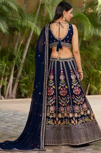 NAVY BLUE SEQUINS THREAD ZARI EMBROIDERED GEORGETTE SEMI STITCHED LEHENGA