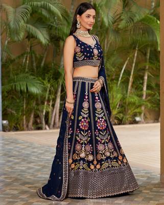 NAVY BLUE SEQUINS THREAD ZARI EMBROIDERED GEORGETTE SEMI STITCHED LEHENGA 5