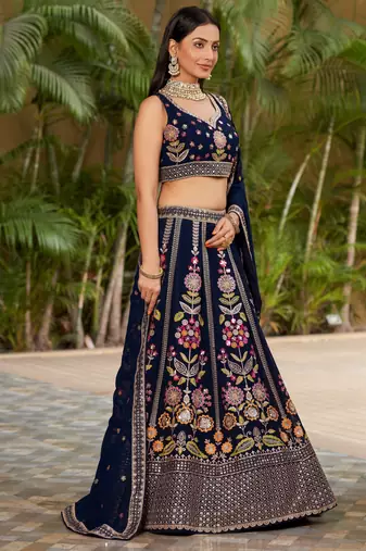 NAVY BLUE SEQUINS THREAD ZARI EMBROIDERED GEORGETTE SEMI STITCHED LEHENGA