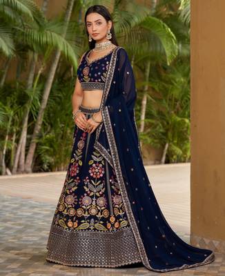 NAVY BLUE SEQUINS THREAD ZARI EMBROIDERED GEORGETTE SEMI STITCHED LEHENGA 6