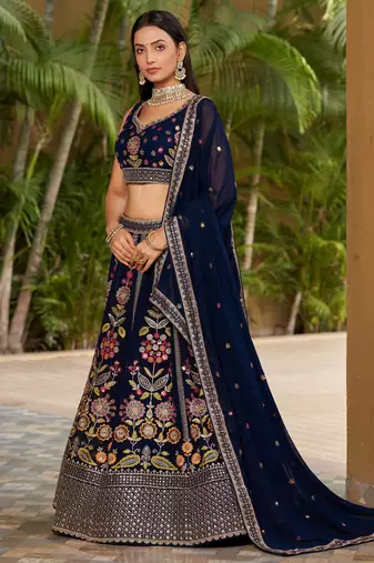 NAVY BLUE SEQUINS THREAD ZARI EMBROIDERED GEORGETTE SEMI STITCHED LEHENGA