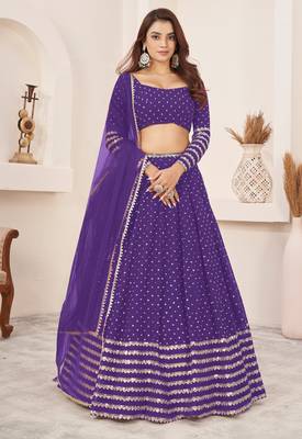 VIOLET SEQUINS ZARI EMBROIDERED GEORGETTE SEMI STITCHED LEHENGA 1
