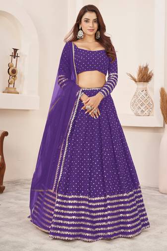 VIOLET SEQUINS ZARI EMBROIDERED GEORGETTE SEMI STITCHED LEHENGA