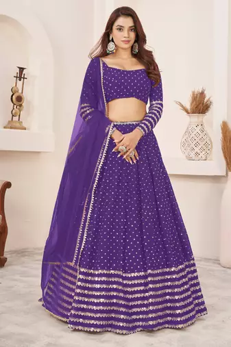 VIOLET SEQUINS ZARI EMBROIDERED GEORGETTE SEMI STITCHED LEHENGA