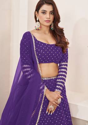 VIOLET SEQUINS ZARI EMBROIDERED GEORGETTE SEMI STITCHED LEHENGA 2
