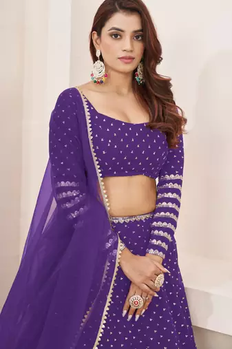 VIOLET SEQUINS ZARI EMBROIDERED GEORGETTE SEMI STITCHED LEHENGA