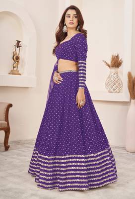 VIOLET SEQUINS ZARI EMBROIDERED GEORGETTE SEMI STITCHED LEHENGA 4