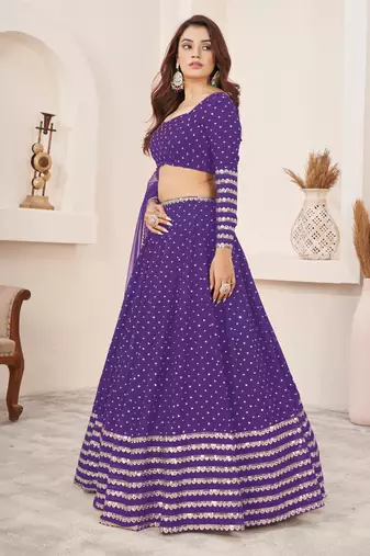 VIOLET SEQUINS ZARI EMBROIDERED GEORGETTE SEMI STITCHED LEHENGA