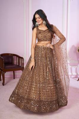 BROWN SEQUINS THREAD ZARI EMBROIDERED SOFT NET SEMI STITCHED LEHENGA CHOLI 1