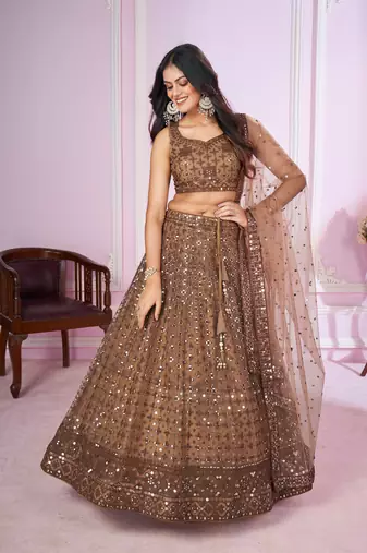 BROWN SEQUINS THREAD ZARI EMBROIDERED SOFT NET SEMI STITCHED LEHENGA CHOLI