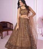 BROWN SEQUINS THREAD ZARI EMBROIDERED SOFT NET SEMI STITCHED LEHENGA CHOLI