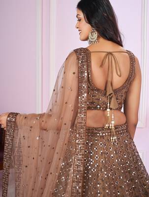 BROWN SEQUINS THREAD ZARI EMBROIDERED SOFT NET SEMI STITCHED LEHENGA CHOLI 4