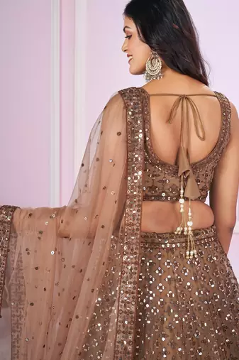BROWN SEQUINS THREAD ZARI EMBROIDERED SOFT NET SEMI STITCHED LEHENGA CHOLI