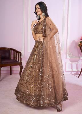 BROWN SEQUINS THREAD ZARI EMBROIDERED SOFT NET SEMI STITCHED LEHENGA CHOLI 5