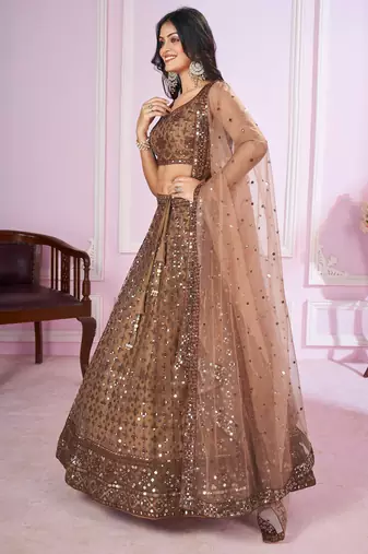 BROWN SEQUINS THREAD ZARI EMBROIDERED SOFT NET SEMI STITCHED LEHENGA CHOLI